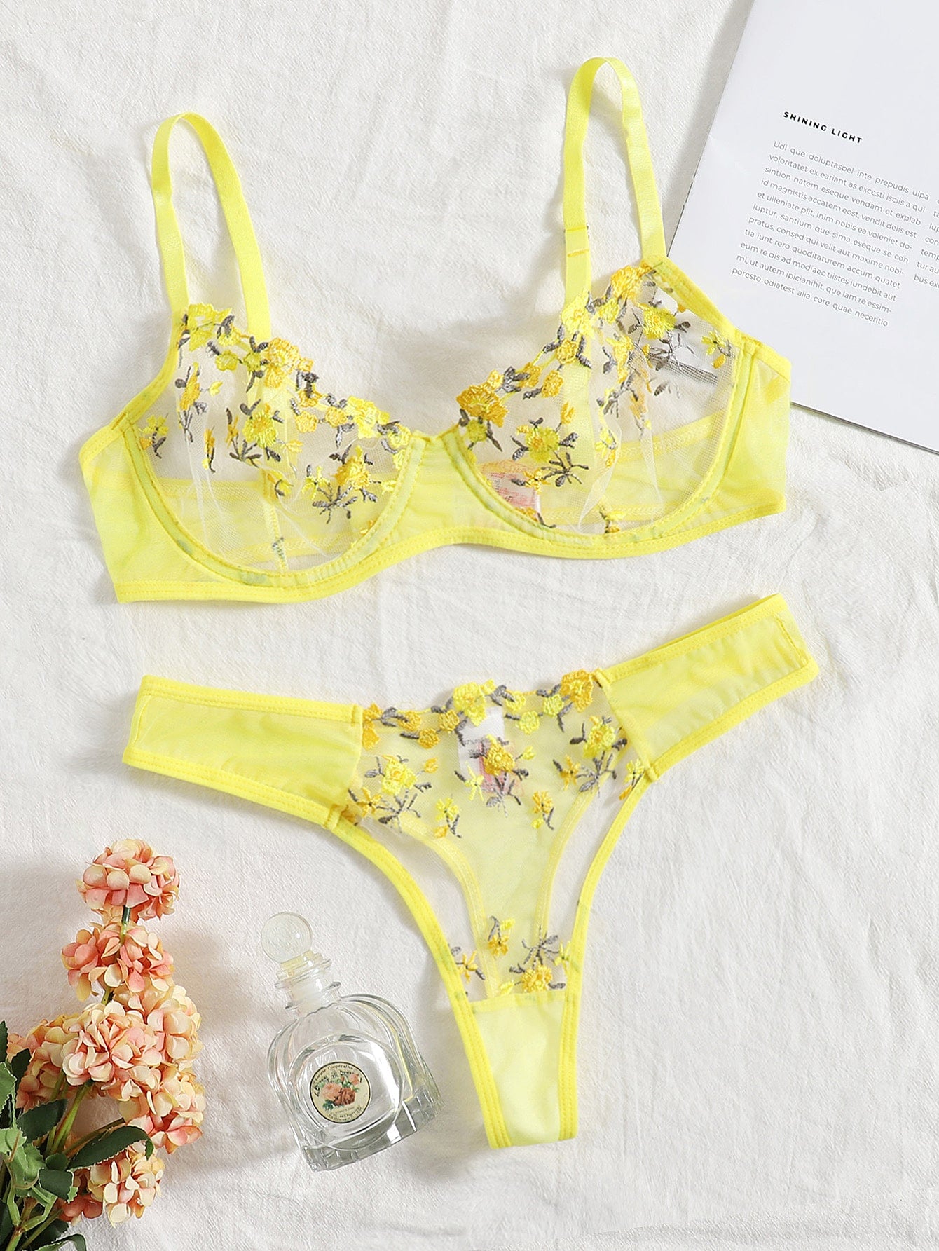 ‘Grace’ Floral Embroidery Transparent Lace 2 Piece lingerie set