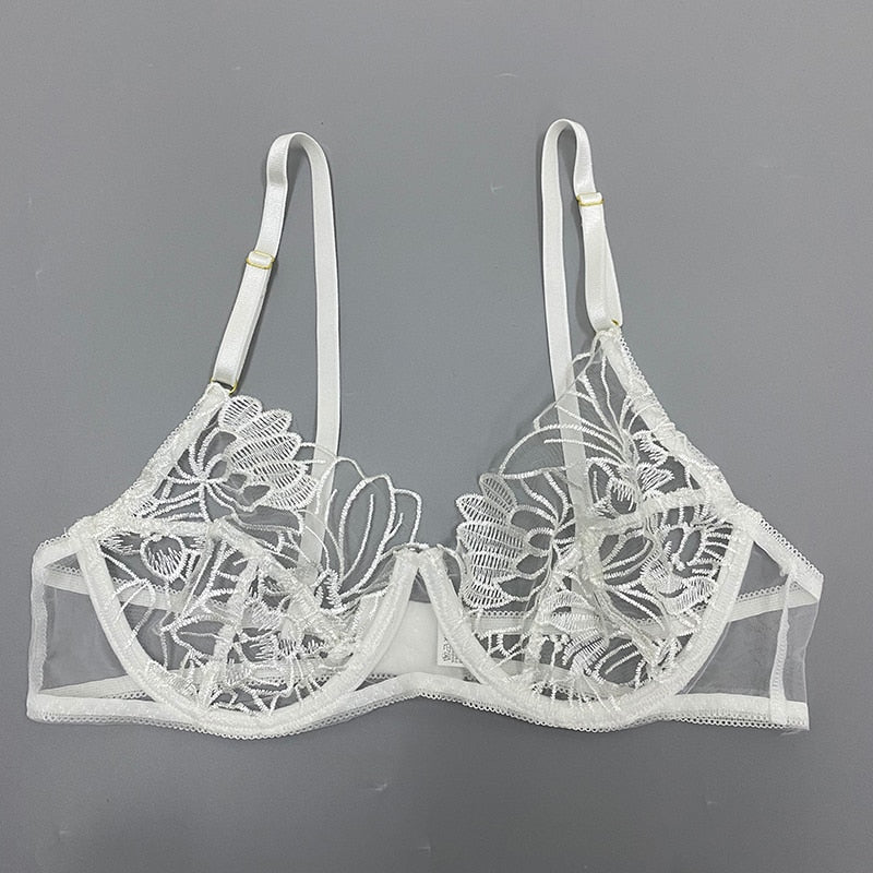 ’Whitney’ White Floral Transparent Embroidery 3 piece lingerie set