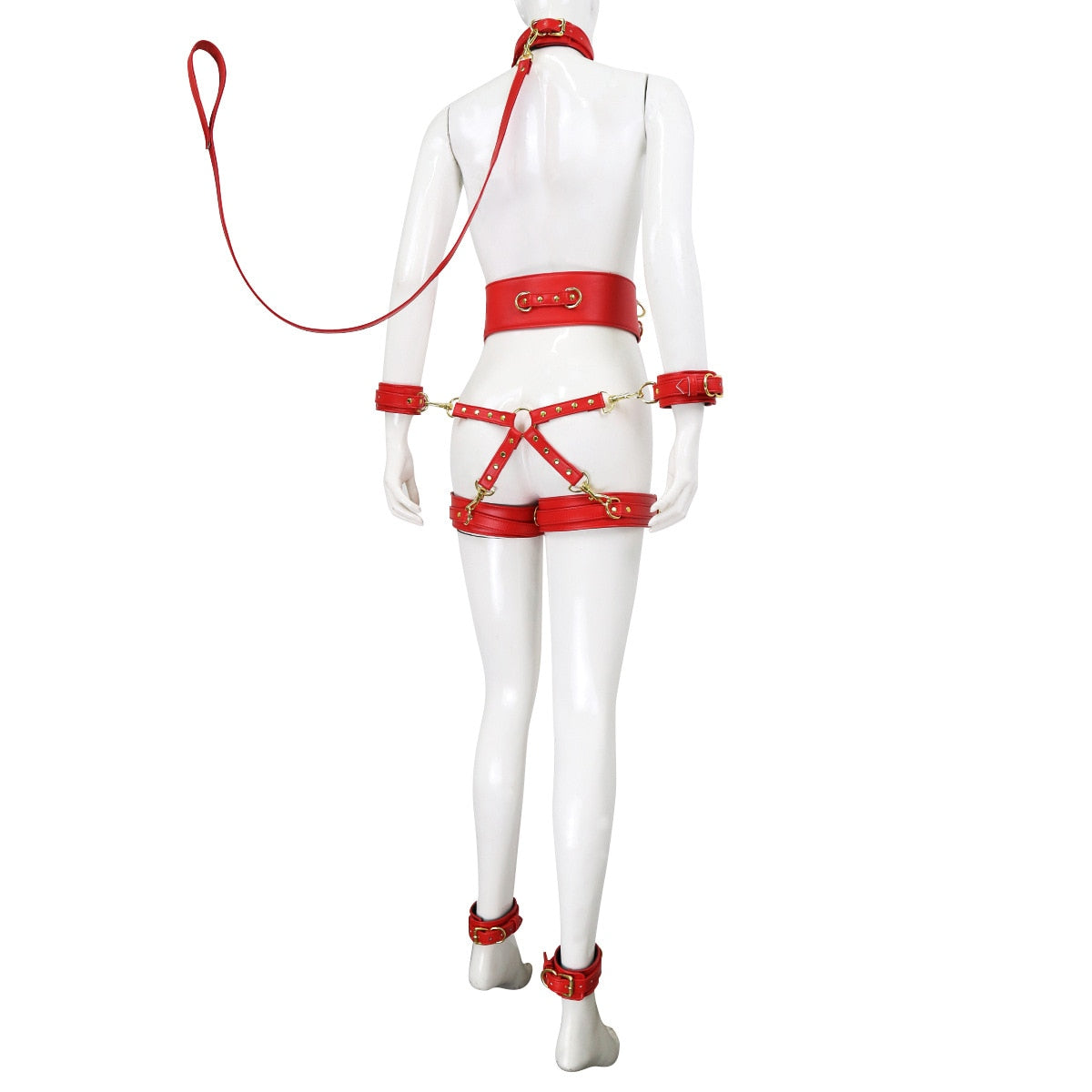 BDSM faux Leather Leg and Body Strap bondage Harness with leash