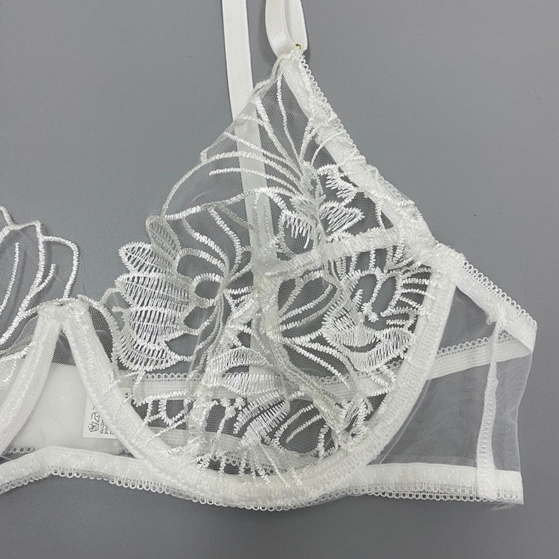 ’Whitney’ White Floral Transparent Embroidery 3 piece lingerie set