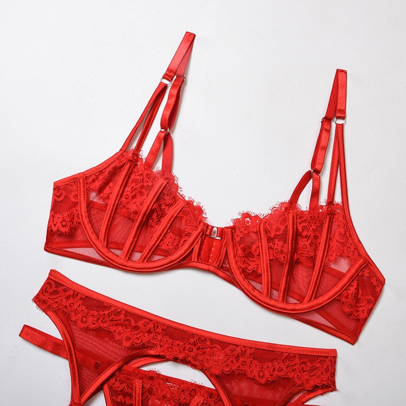 ‘Nikki’ red lace 3 piece lingerie set