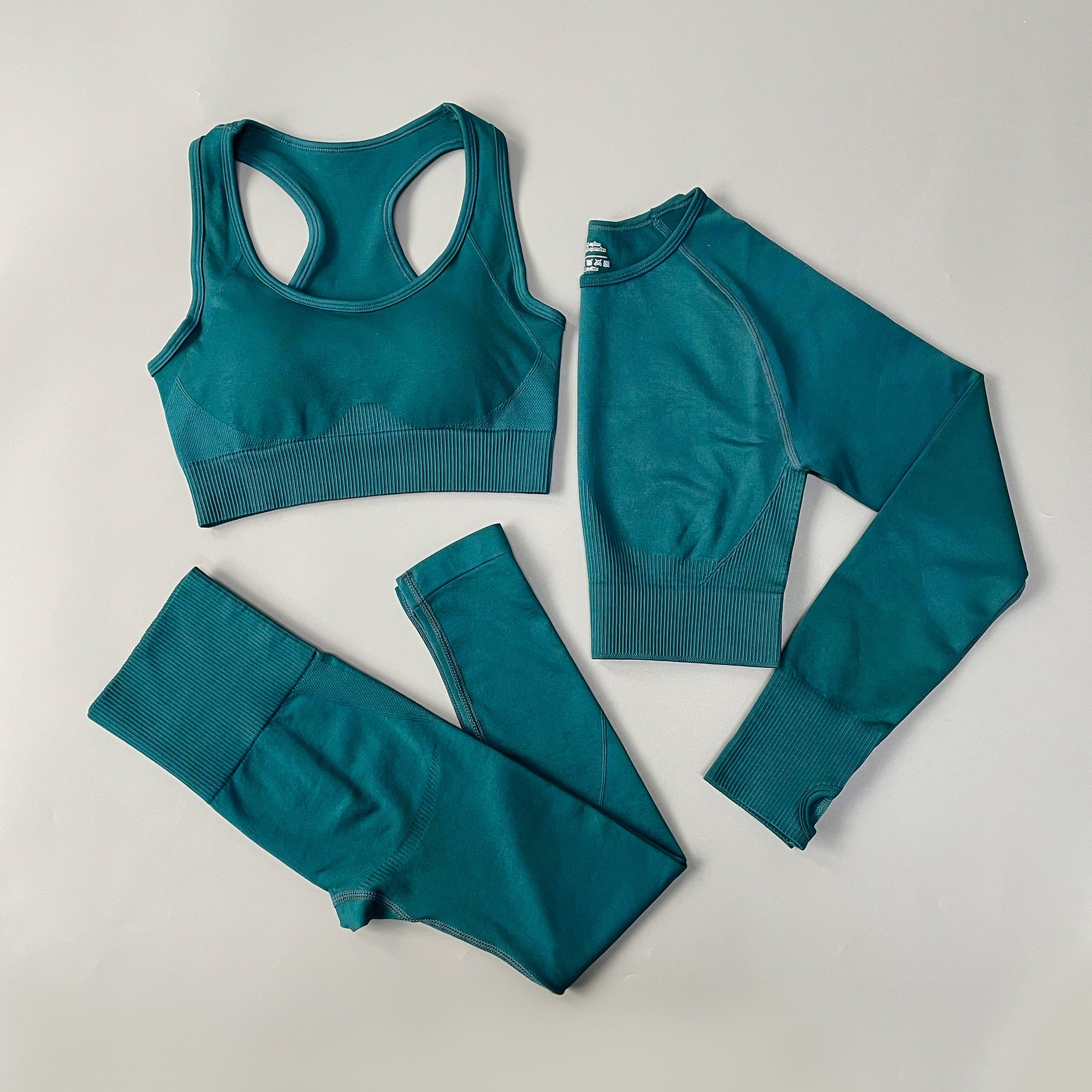 ‘Crystal’ 3 piece Seamless Yoga Set with sports bra, long top and leggings