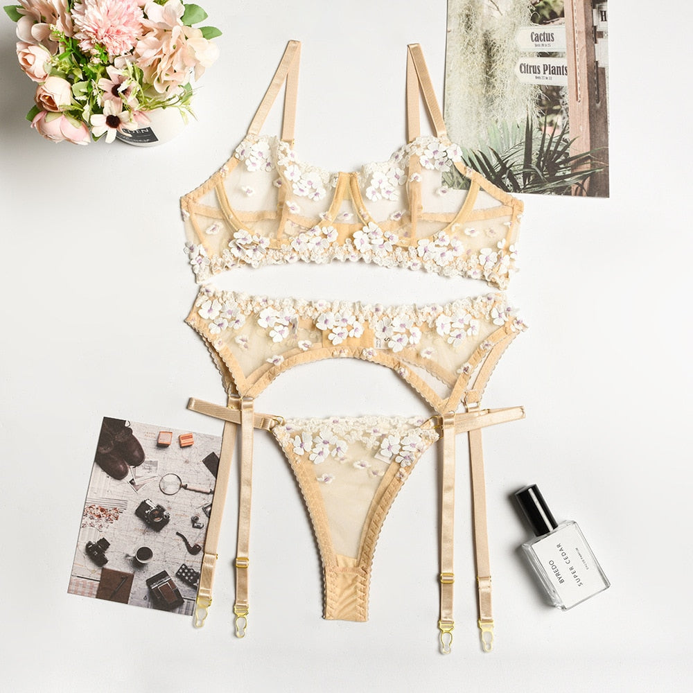 ‘Primrose’ Floral transparent Embroidered 3 Piece lingerie Set