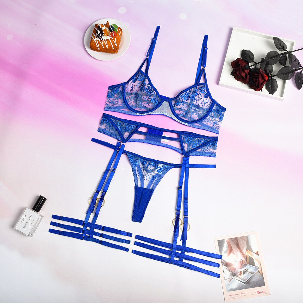 ‘Kate’ Electric Blue Floral Mesh lingerie set