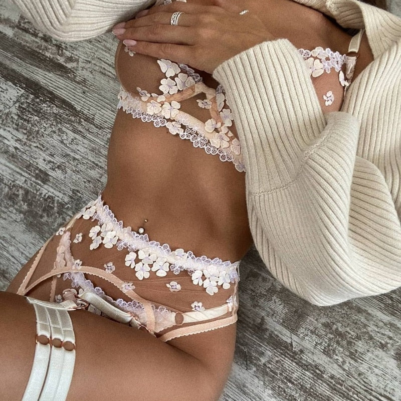 ‘Primrose’ Floral transparent Embroidered 3 Piece lingerie Set