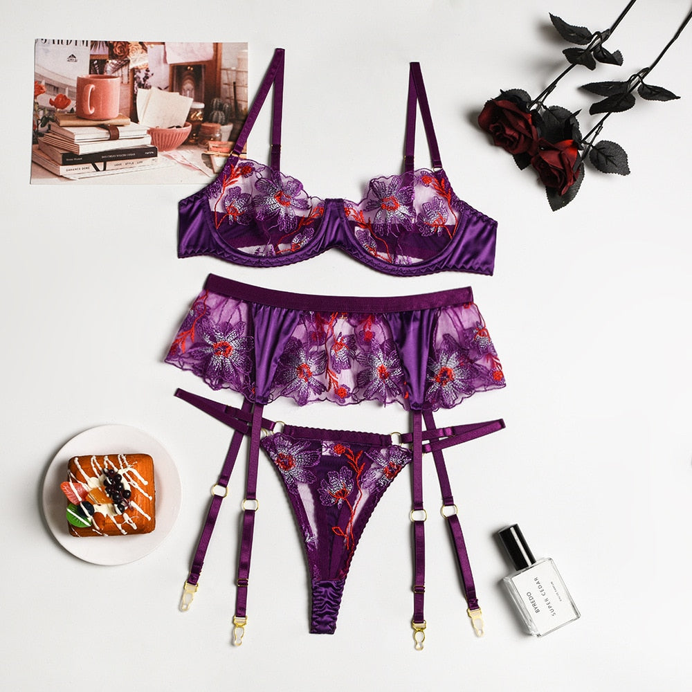 ‘Zara’ floral lace 3 piece lingerie set