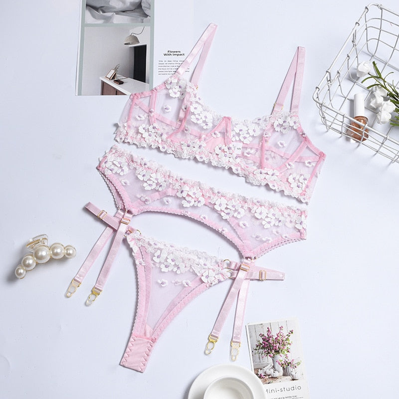 ‘Primrose’ Floral transparent Embroidered 3 Piece lingerie Set