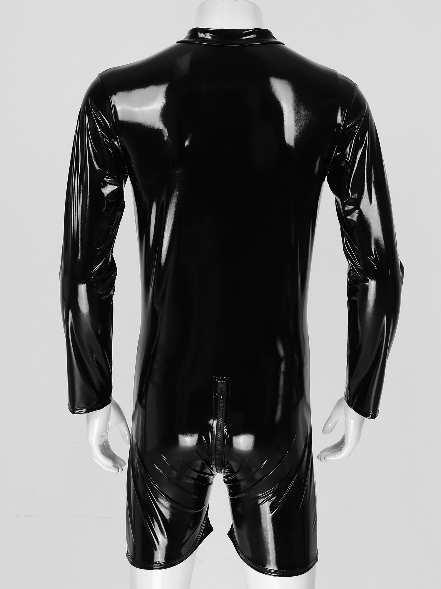 Men Latex Wet Look Jumpsuit Long Sleeve and shorts