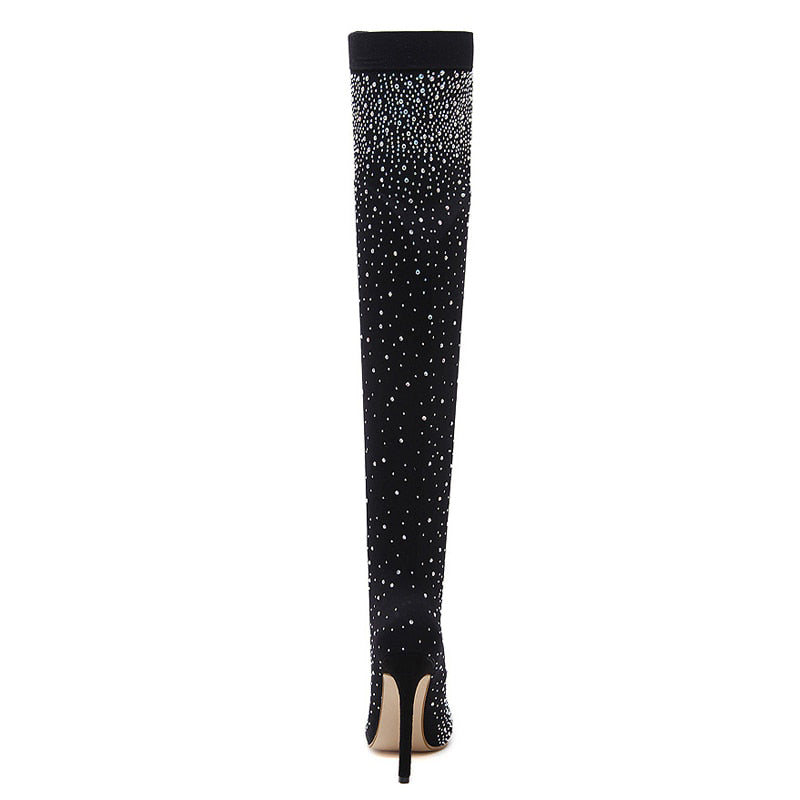 ‘Orion’ Pointed Toe Over Knee Boots Crystal Long Sock Boots