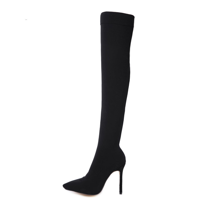 ‘Lyra’ black Stretch Fabric Sock over the knee Boots